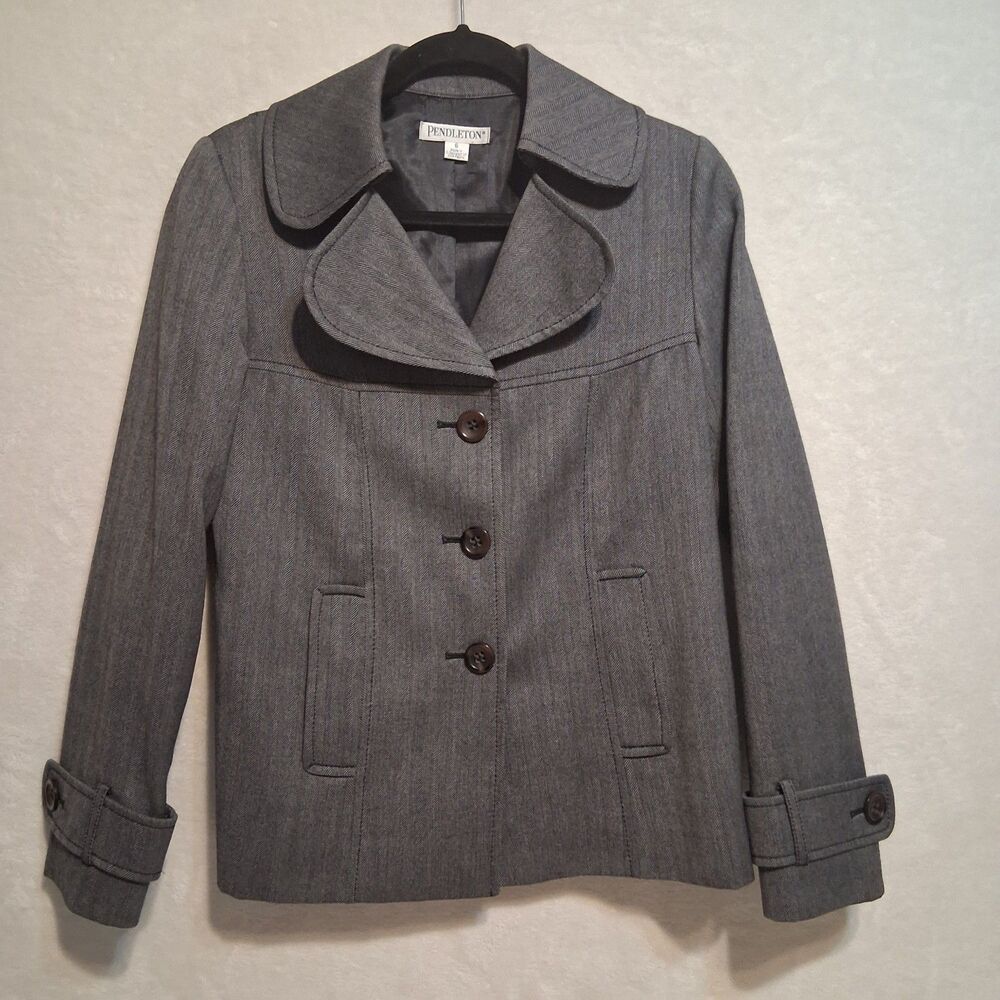 Pendleton 6 Jacket Gray Herringbone 100% Virgin Wool Classic Timeless Career